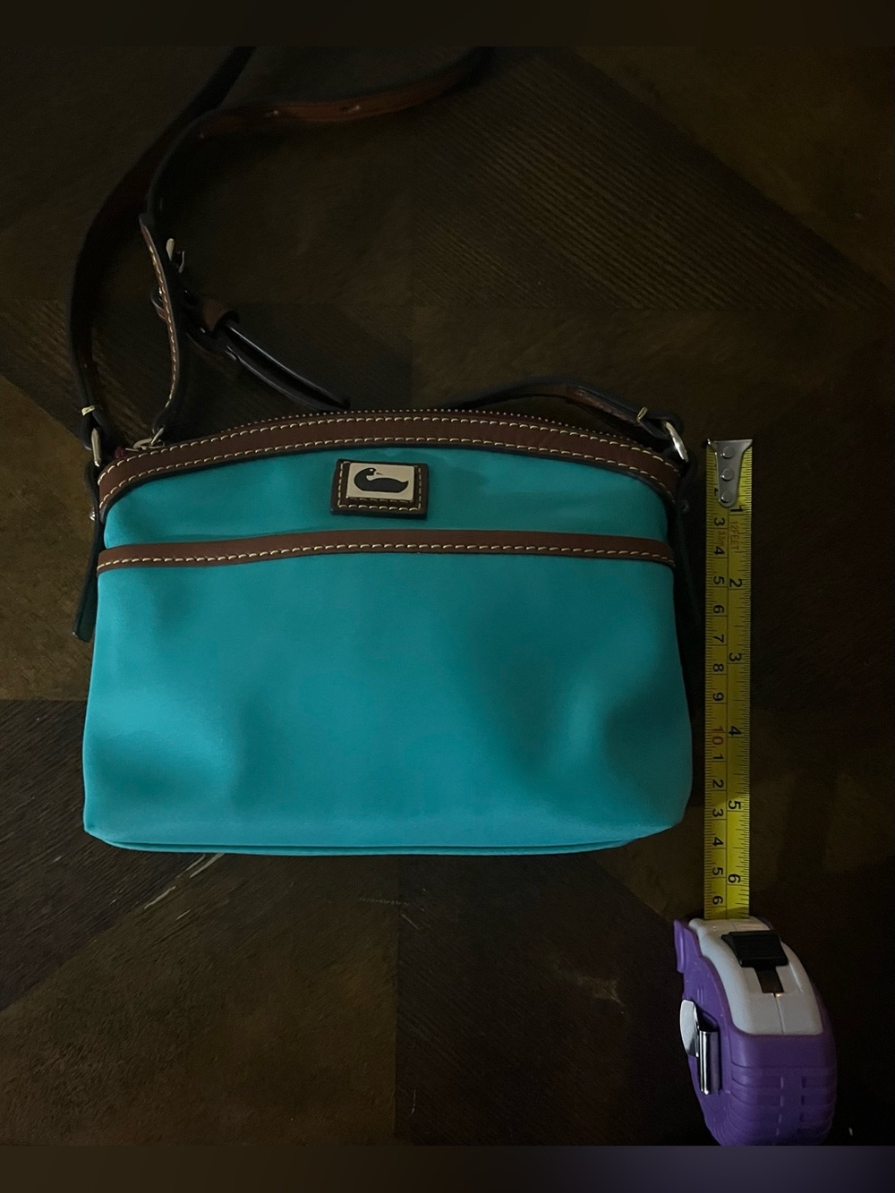 Dooney & Bourke Teal Nylon Domed Wayfarer Crossbody Bag with Brown Leather Trim - Picture 10 of 10